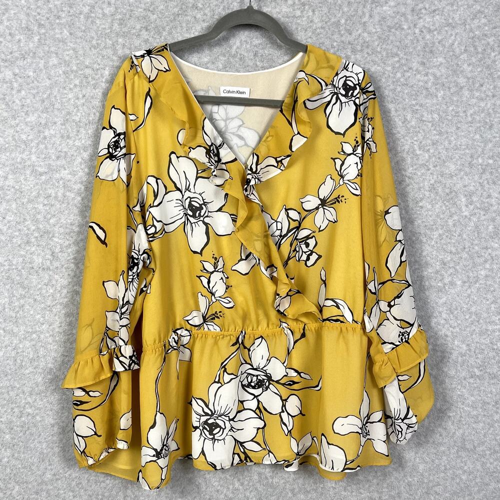 Calvin Klein Floral Blouse Size 2X Yellow Gold Sheer Sleeve Surplice Ruffle Top